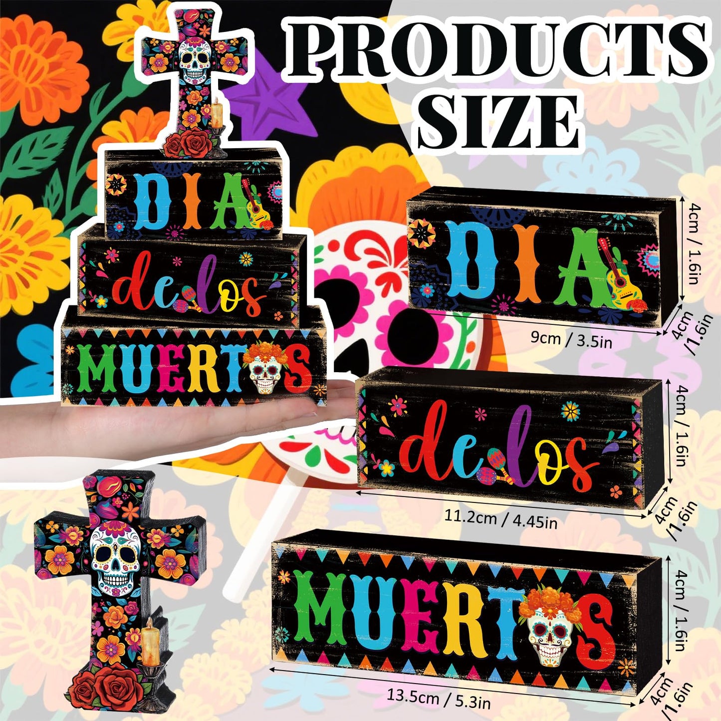 Mimorou 4 Pcs Day of The Dead Table Decorations Wooden Mexican Dia De Los Muertos Altar Centerpiece for Table Tiered Tray Decor Sugar Skull Cross Block Signs for Halloween Party Home Shelf Decoration