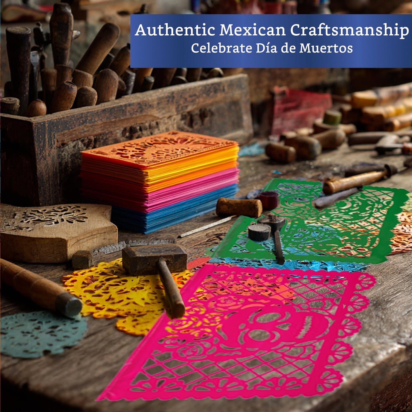 Mexican Party Banners (5 Pack - 10 Plastic Flag Designs per Banner) - Papel Picado Dia de Los Muertos Decorations for Altar - Day of the Dead Banners - Day of Dead Decor