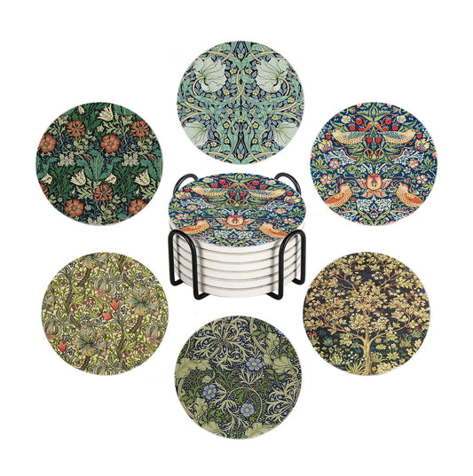 Drink Coasters for Drinks Set of 6, Vintage Art Nouveau Floral Pattern Absorbent Round Ceramic Stone Mat Coaster, with Cork Base and Metal Holder, Home Bar Decor House Warming Gift