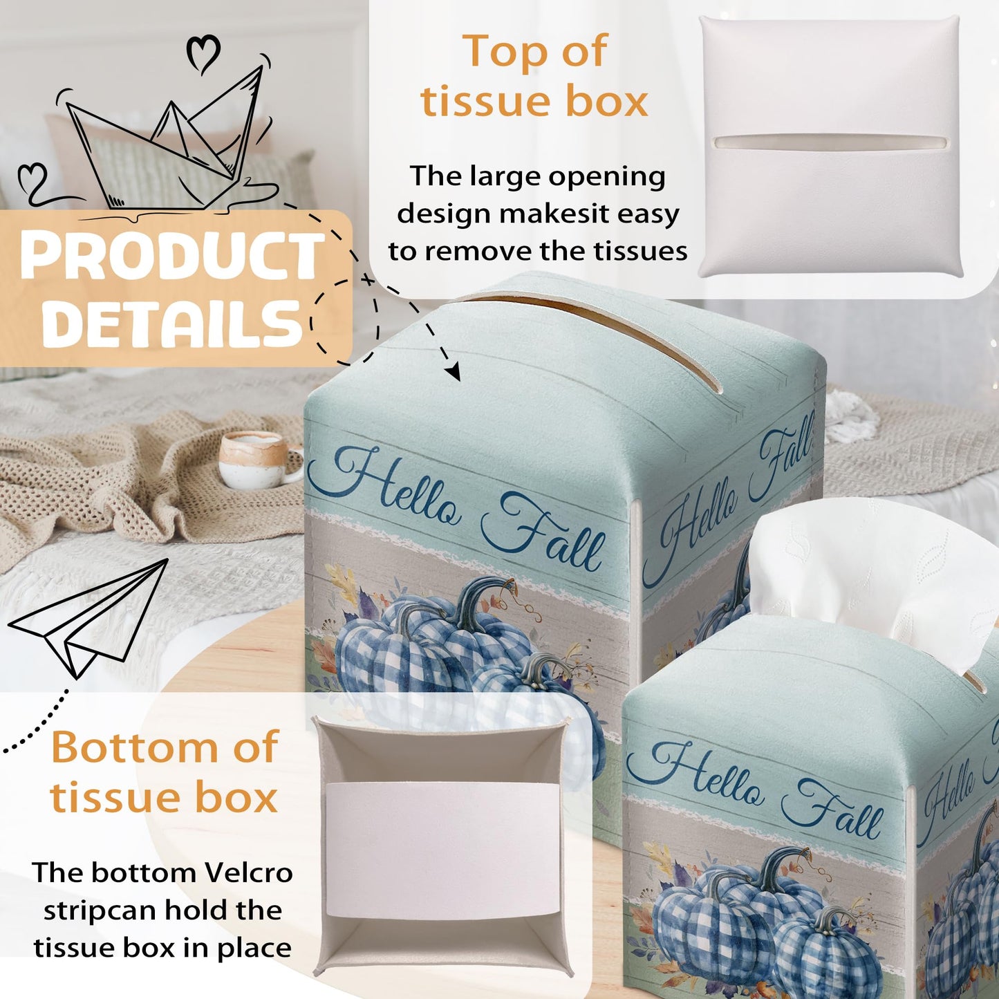Fall Tissue Box Holder, Blue and White Pumpkins Leather Tissue Box Cover Square, Fall Facial Paper Organizer Dispenser Toilet Paper Holder for Bathroom Kitchen Office Home Decor-A16