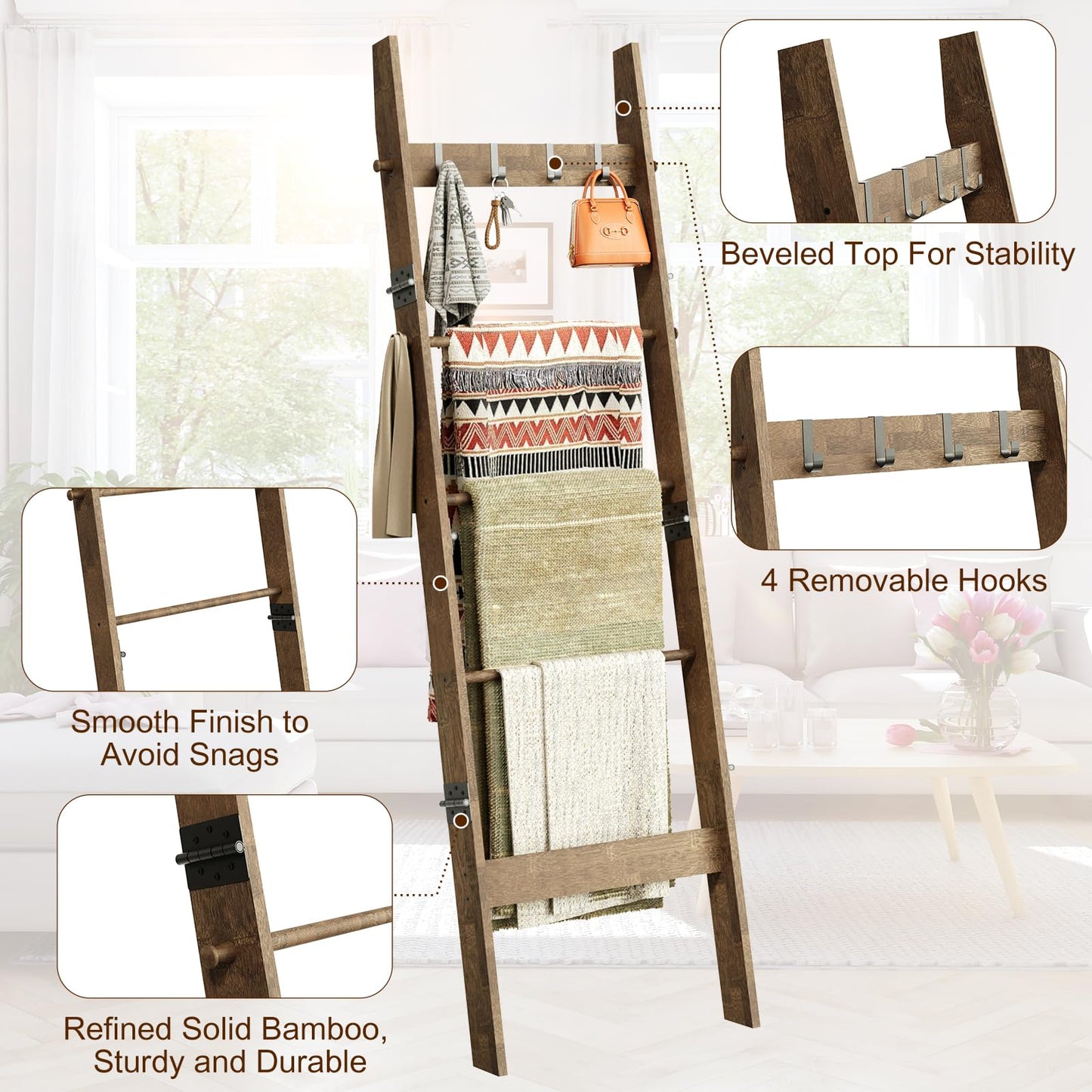 HonyQiShuo 5-Tier Bamboo Ladder Shelf, Farmhouse Style Blanket Ladder, Rustic Decorative Ladder with 4 Removable Hooks, Brown