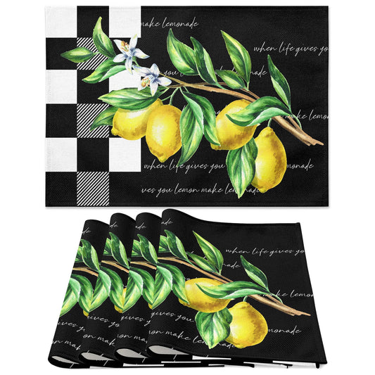 Placemats Set of 4, Yellow Lemon Non Slip Heat Resistant Linen Fabric Cotton Cloth Place Mats, Buffalo Plaid Black Square Washable Dining Table Mat for Summer Fall Rustic Farmhouse Home Kitchen Decor