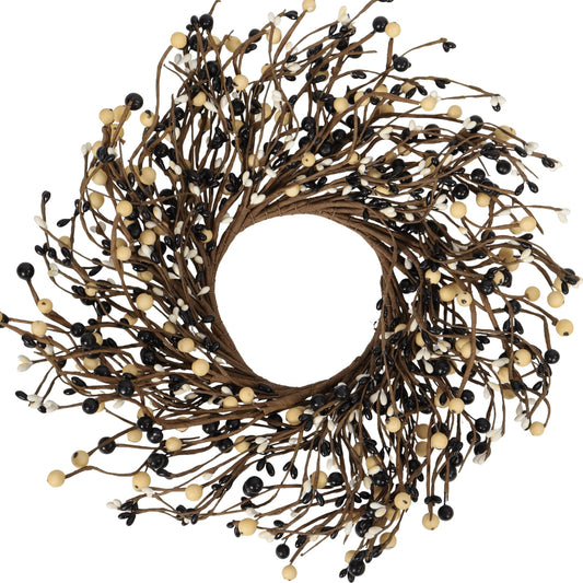 Quixem 15" Black & Cream Pip Berry Table Ring (in Dia 4.5"), Primitive Rustic Artificial Mini Wreath for 3" Pillars, Vintage Farmhouse Kitchen Cabinet Decor, Halloween Centerpiece