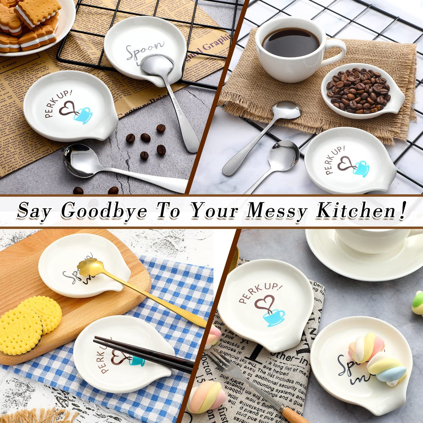 Honeydak 4 Pieces Coffee Spoon Rest and Small Teaspoon Holder Ceramic for Station Decor Stove Top Countertop Kitchen Accessories Nice Present for Coffee Lovers(Simple Style)