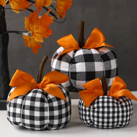 Beeveer 3 Pcs Assorted Sizes Fall Pumpkins Decor with Orange Ribbon Thanksgiving Buffalo Plaid Black and White Decorative Pumpkins for Farmhouse Fall Halloween Thanksgiving Mantel Table Decor