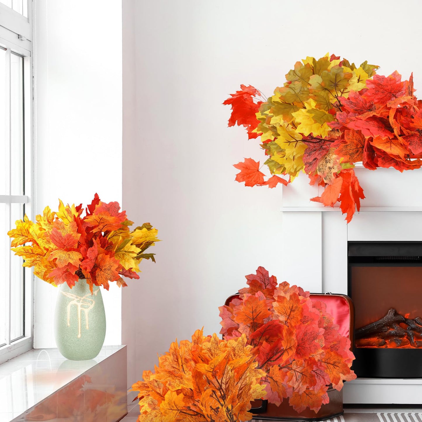 Tigeen 8 pcs Fall Leaves Artificial Maple Leaves Branches Thanksgiving Decoration for Table Bulk Autumn Leaf Picks Thanksgiving Centerpieces for Home Vase Fireplace Halloween Décor(Novelty Style)