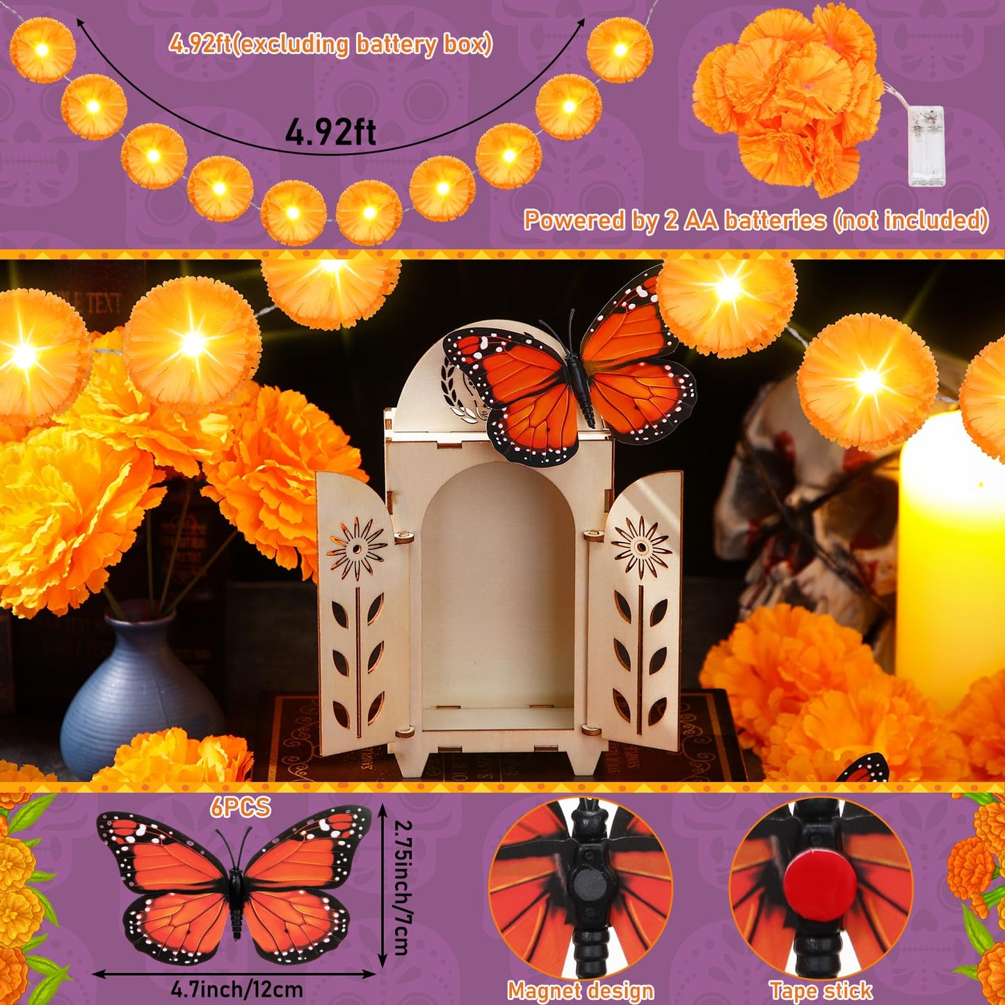 Jetec 30 Pcs Dia De Los Muertos Decoration Set Include Day of the Dead Altar Ofrenda Artificial Marigold Flowers 4.92 Feet Diwali Marigold Garland Light and Monarch Butterfly Decor(Papel Picado)