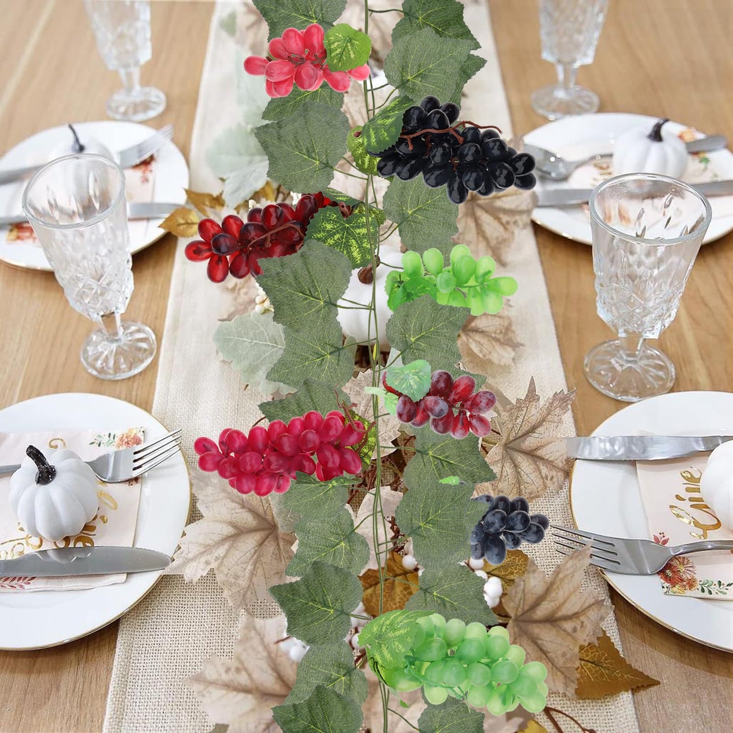 Quancru Artificial Grapes Leaves Vines 6 Strands & Fake Grape 8 Bunches Simulation Red Black Purple Green Fruit Photography for Indoor Outdoors Wedding Party Cabinet Garland Ornament Wall Decortion