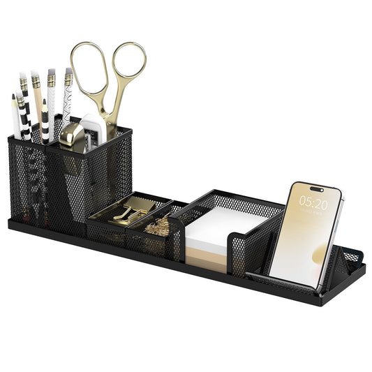 SUPEASY Pen Holder for Desk, 6 Piece Mesh Desk Organizer Set for Office Organization with Phone Holder, Sticky Notes Caddy Storage for Classroom, School (Black)