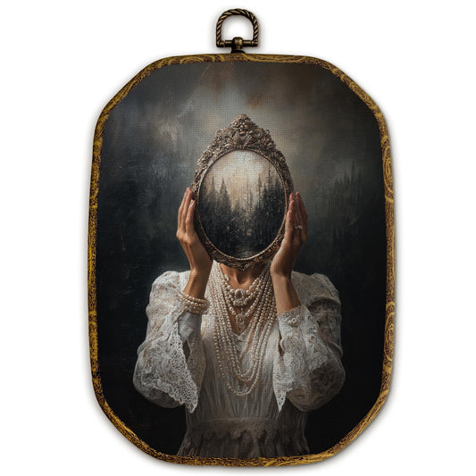 Yjeslw Dark Academia Witch Octagon Wall Art Decor, Moody Gothic Mirror Witch Framed Canvas Prints, Dark Whimsy Goth Wall Hanging Decorations for Home Bedroom Living Room Decor, 10.2x7 Inches