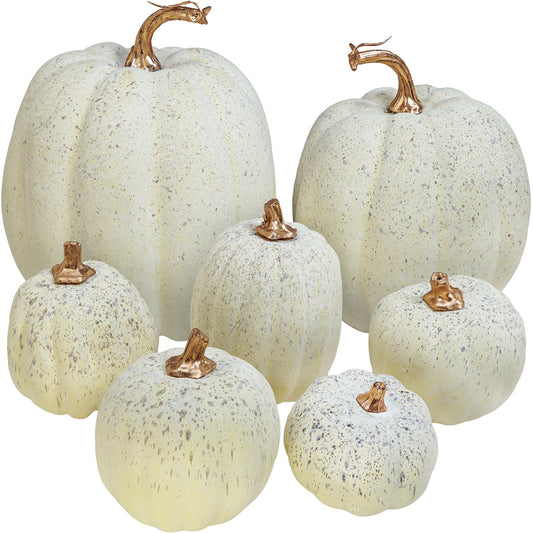 Winlyn 7 Pcs Assorted Sizes Harvest Cream Artificial Pumpkins Faux Cream Pumpkins Foam Decorative Pumpkins for Fall Farmhouse Autumn Wedding Halloween Thanksgiving Rustic Harvest Table Centerpiece