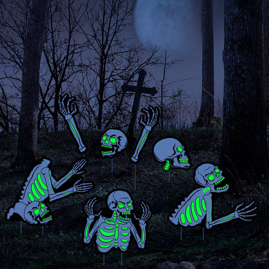 Capoda 5 Pieces Halloween Yard Signs Outdoor Decorations Fluorescent Halloween Skeleton Garden Sign with Stakes Reflective Skeleton Lawn Stake for Garden Lawn Yard Decor Supplies