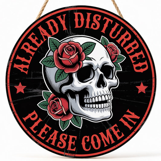 Gothic Welcome Sign Wall Decor, Skeleton Welcome Round Wood Hanging Sign Decorations, Funny Decor for Home Front Door