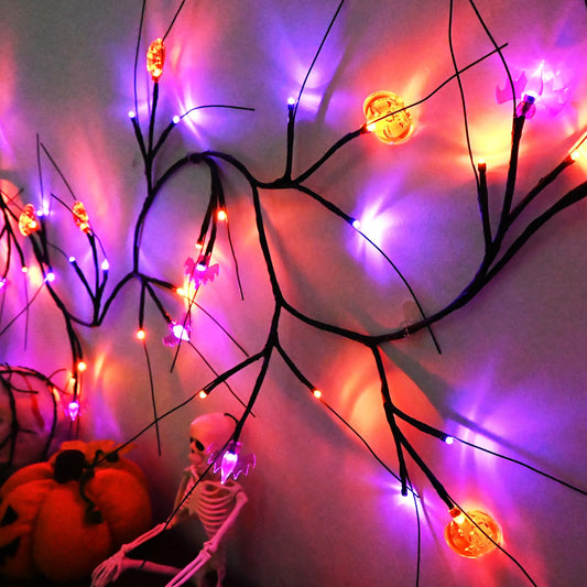 PALONMY Halloween Decor Lights 8.8 Ft 72 LED Willow Vine Twig with Timer Battery Operated Garland Light 12 LED Pumpkin 12 LED Bats and 48 Lights Halloween Party Decoration for Home Wall Fireplace