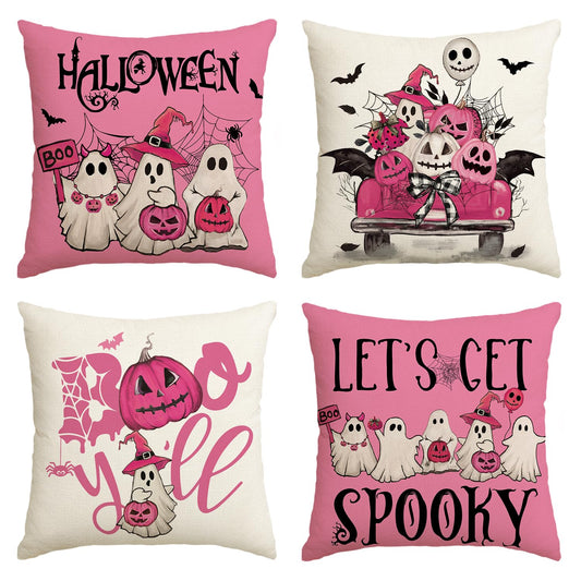 AVOIN colorlife Halloween Ghost Boo Y'all Car Pumpkin Throw Pillow Covers, 18 x 18 Inch Pink Let's Get Spooky Cushion Case Decoration for Sofa Couch Set of 4