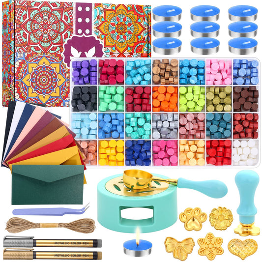 Upgraded Wax Seal Stamp Kit, Anezus 790pcs Sealing Stamp Kit with Wax Seal Beads, Stamps, Warmer, Vintage Envelopes, and Gift Box for Letter Sealing, Invitation Cards, Craft Decoration