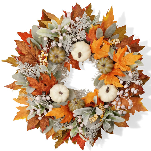 MAINGKAUNG Artificial Fall Wreath 22 Inch Fall Wreaths for Front Door with White Pumpkins Oeange Maple Leaves Lamb's Ear and Berries Autumn Wreath Thanksgiving Harvest Wreath for Festival Wall Porch