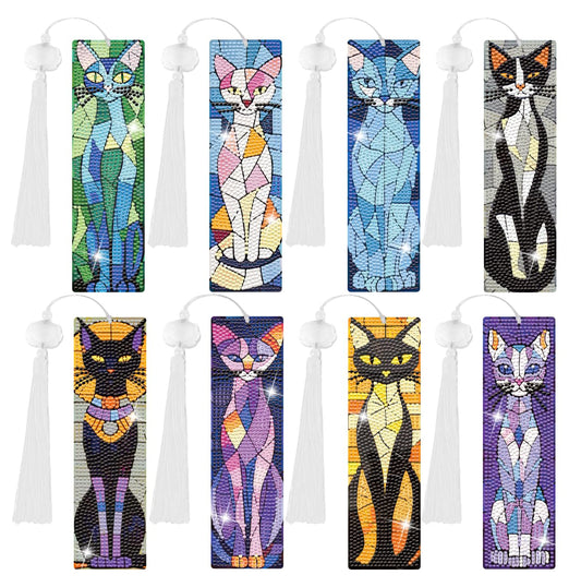 8 Pcs Cat Diamond Art Bookmarks Kit, 5D DIY Diamond Painting Bookmarks for Adults & Beginners, Stained Glass Cat Design Arts and Crafts