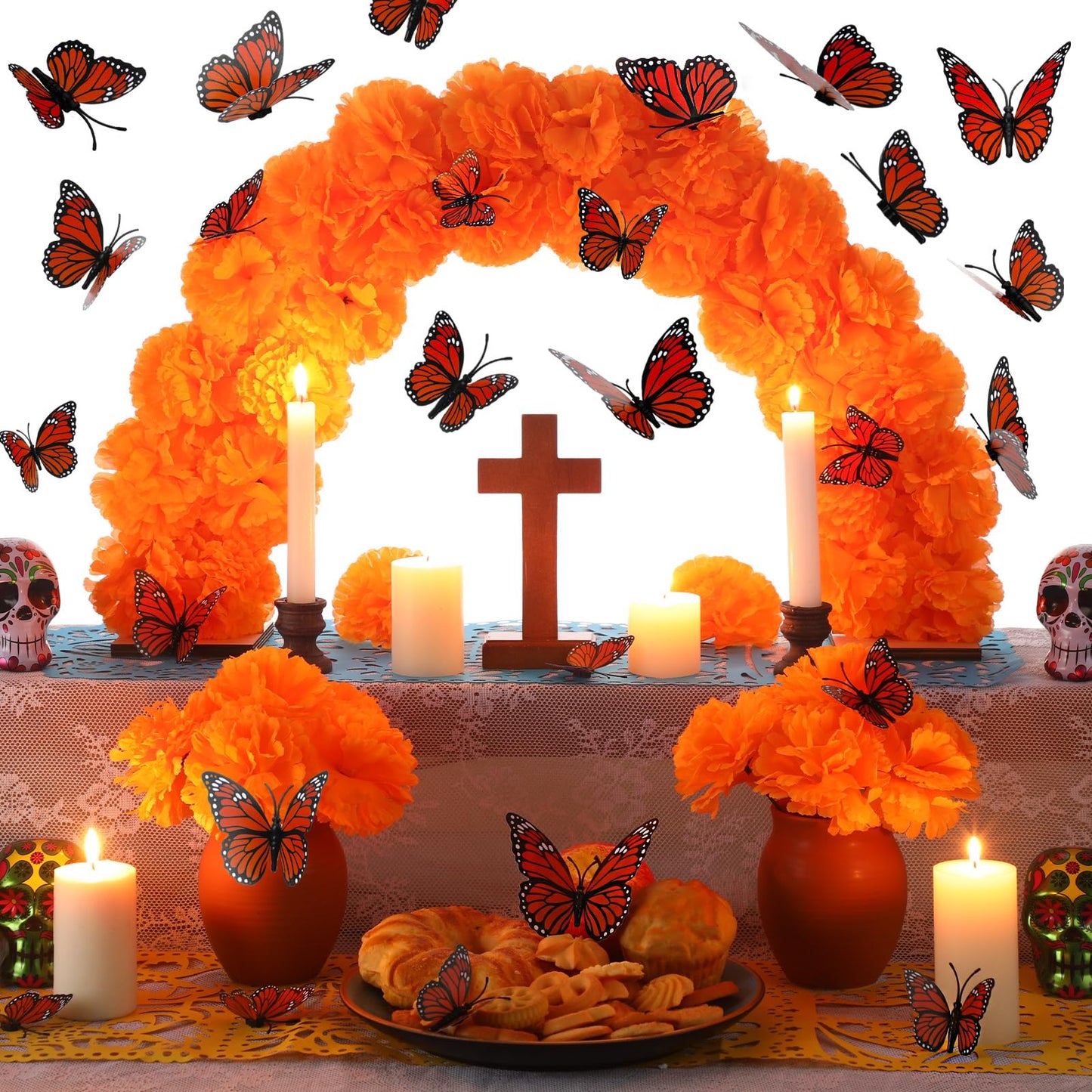 Yalikop 28 Pcs Day of The Dead Marigold Arch Kit Dia De Los Muertos Altar Decor Include Marigold Table Arch Garland with 15 Artificial Flower with Stem and 12 Pcs 3D Butterfly for Dia De Los Muertos