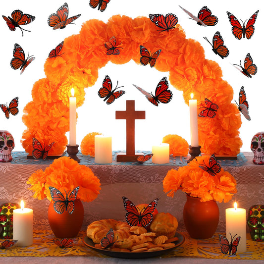 Yalikop 28 Pcs Day of The Dead Marigold Arch Kit Dia De Los Muertos Altar Decor Include Marigold Table Arch Garland with 15 Artificial Flower with Stem and 12 Pcs 3D Butterfly for Dia De Los Muertos