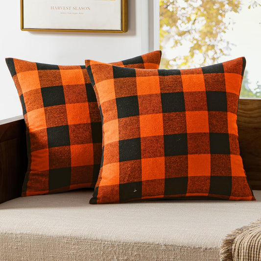 MIULEE Fall Throw Pillow Covers Halloween Decorations Pack of 2 Buffalo Check Farmhouse Plaids Polyester Linen Outdoor Cushion Case for Sofa Couch Orange and Black 18 x 18 Inch 45 x 45 Cm