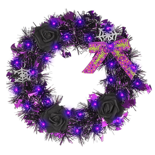 Halloween Wreath for Front Door with Lights,13 Inch Spider Web and Black Rose Wreath Halloween Decorations for Indoor Window Party Holiday Wall Home Decor (Spider Web)