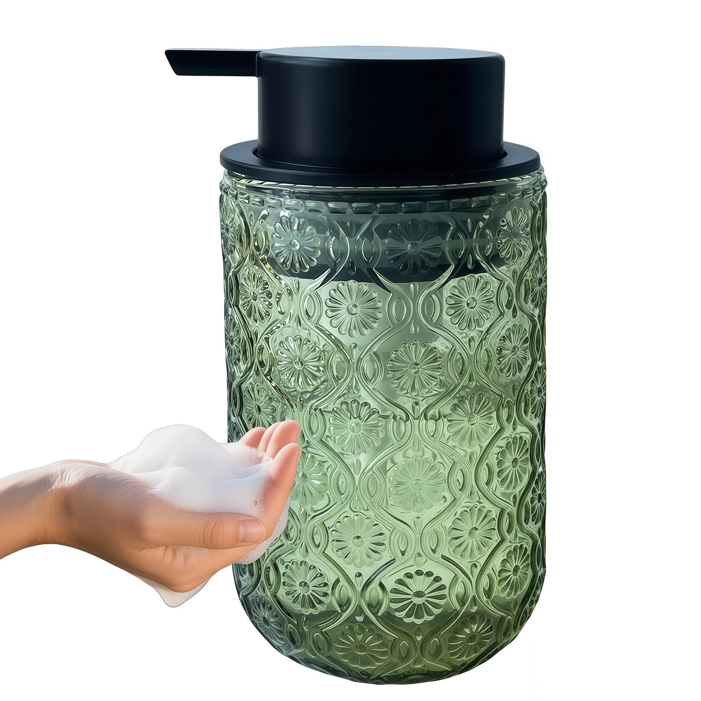 Birugen Foaming Hand Soap Dispenser,Vintage Glass Soap and Lotion Dispenser for Bathroom,Kitchen Dish Soap Dispenser with Black Foam Pump (Light Green Begonia Flower+Black Lid)