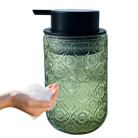 Birugen Foaming Hand Soap Dispenser,Vintage Glass Soap and Lotion Dispenser for Bathroom,Kitchen Dish Soap Dispenser with Black Foam Pump (Light Green Begonia Flower+Black Lid)