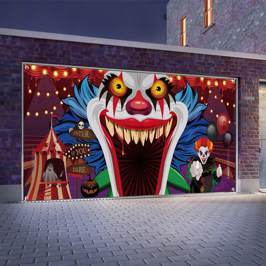 Ganeen Halloween Garage Door Cover 7 x 16 ft Clown Halloween Party Decorations Horror Garage Door Banner Scary Holiday Backdrop, Assembly Needed