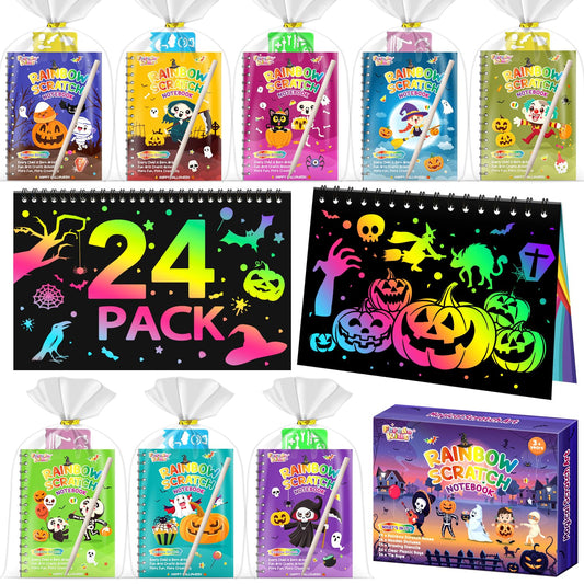FEREDO KIDS Halloween Party Favors for Kids: 24 Pack Halloween Scratch Art Notebook Students Classroom Gifts Bulk for Girls Boys Goodie Bags Stuffers, Return Gifts for Birthday Party Favors Bulk