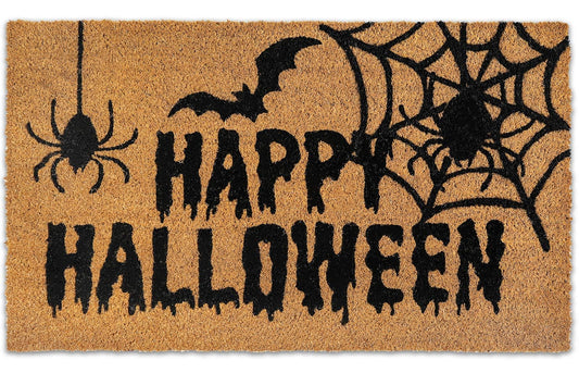 AnyDesign Happy Halloween Natural Coir Outdoor Doormat Welcome Black Spider Web Bat Door Mat Non-Slip Floor Mats Entrance Rugs for Halloween Front Door Bathroom Porch Decor, 16.5 x 29 Inch