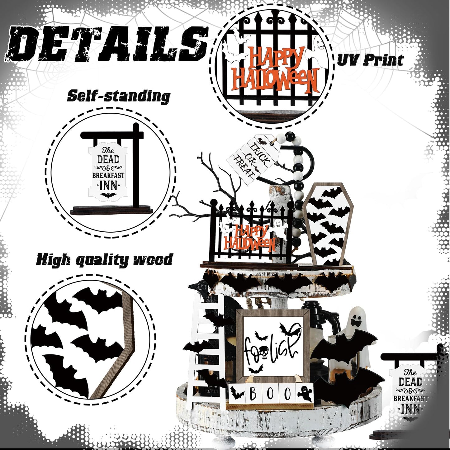 Umigy 15 Pcs Halloween Tiered Tray Decor Set Cute Ghost Tray Decorations Boo Halloween Wooden Signs Farmhouse Rustic Decoration for Home Table Party Supplies(Bat)