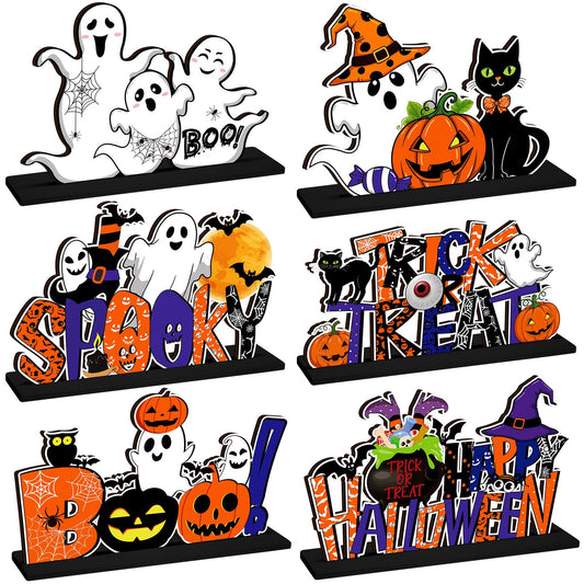 CroBlissful 6 Pcs Halloween Table Centerpiece Decorations Trick or Treat Pumpkin Ghost Wood Centerpiece Happy Halloween Boo Spooky Wooden Signs Table Decor for Living Room Office Kitchen Party Decor