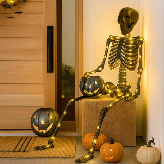 Arrowbash 2 Pack Halloween Light up Black Skeleton 36 Inch Posable Black Halloween Indoor Outdoor Skeleton with Realistic Movable Joints for Porch Home Yard Decor