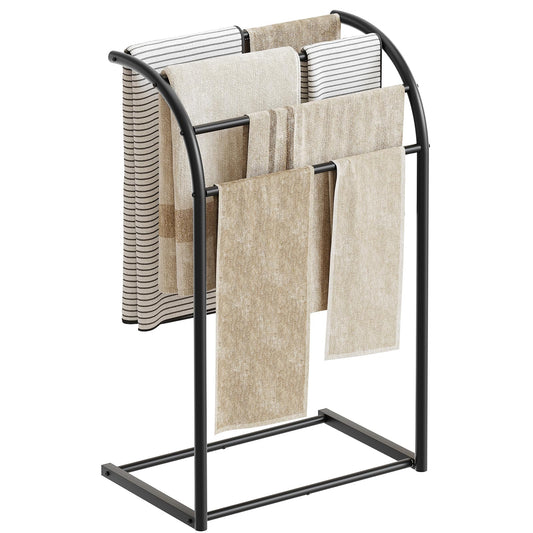YATINEY Free Standing Towel Rack, 4-Tier Blanket Rack for Bathroom, Pool Towel Stand Display and Drying Rack, Modern Towel Blanket Storage Organizer, Black CJ07BK
