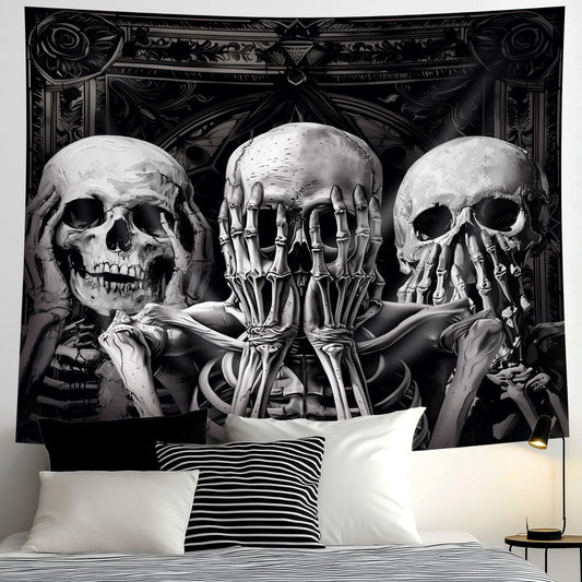 Mitpok Gothic Skull Tapestry Large Spooky Black Skeleton Goth Witchy Vinatge Funny Hilarious Cool Unique Wall Decor 71Hx91W Inch Halloween Wall Art Hanging Bedroom Living Room Dorm Wall Home Decor