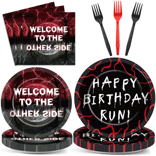 96Pcs Spooky Rustic Alphabet Party Supplies Welcome To The Other Side Plate Napkin Fork Spooky Forest Birthday Party Decorations Retro Alphabet Bulbs Tableware for Halloween Horror Movie Night Favors