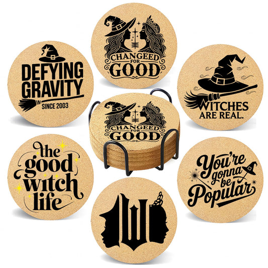 Cegkuc Coasters Witch for Drinks with Holder Set of 6, Wicked Cork Coaster Absorbent for Office Desk Cup Table Coasters Kitchen Decor House Warming Gifts for New Home Couples, Round 4"