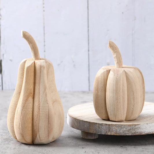Barydat 2 Pcs Thanksgiving Paulownia Wood Carved Pumpkins 6.5 x 3.2 x 3.2 Inch 4.5 x 3.2 x 3.2 Inch Harvest Pumpkin Figurine Farmhouse Thanksgiving Hand Carved Pumpkin Wood Sign for Table Home Decor