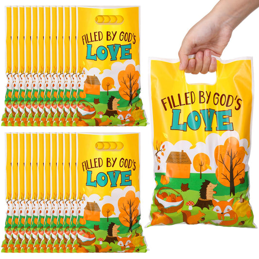 Panelee 100 Pcs Fall Religious Plastic Goody Bags with Handles Christian Treat Bags for Harvest Thanksgiving Cross Candy Gift Bag for Church Party Supplies Party Favor Decoration