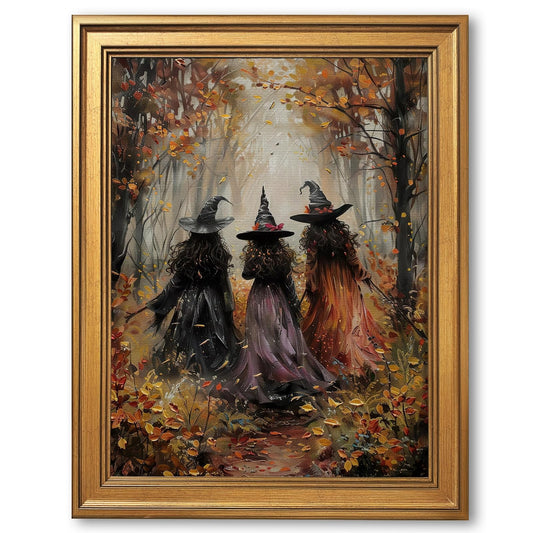 Framed Vintage Witch Poster Halloween Wall Art Retro Creepy Witchy Oil Painting Canvas Print Three Witches Forest Victorian Gothic Dark Moody Decor for Bedroom Gallery Rustic Wall 8x12inch