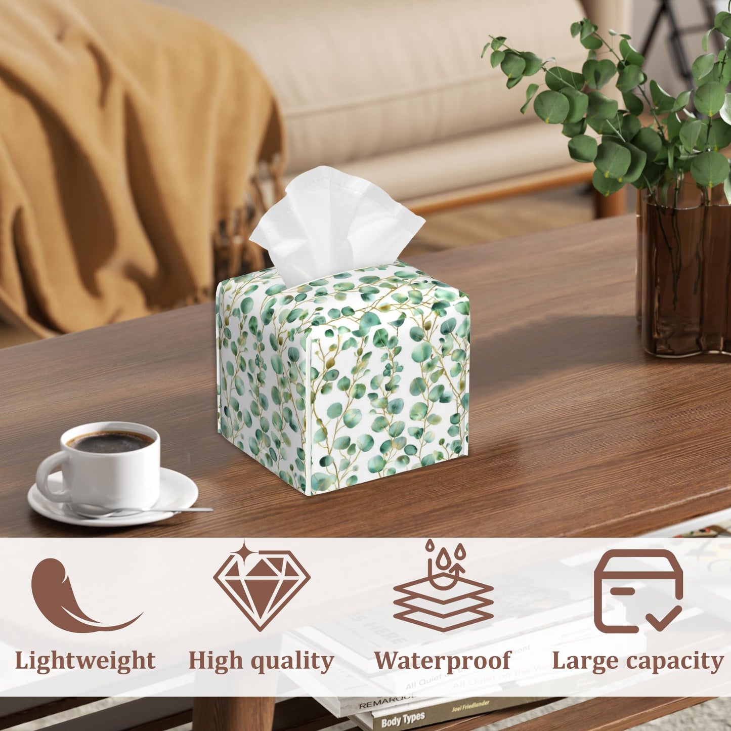 Eucalyptus Leaves Tissue Box Cover 2Pcs PU Leather Tissue Box Holder for Home, Square Tissue Holder for Harvest Autumn Season Halloween Thanksgiving Gift