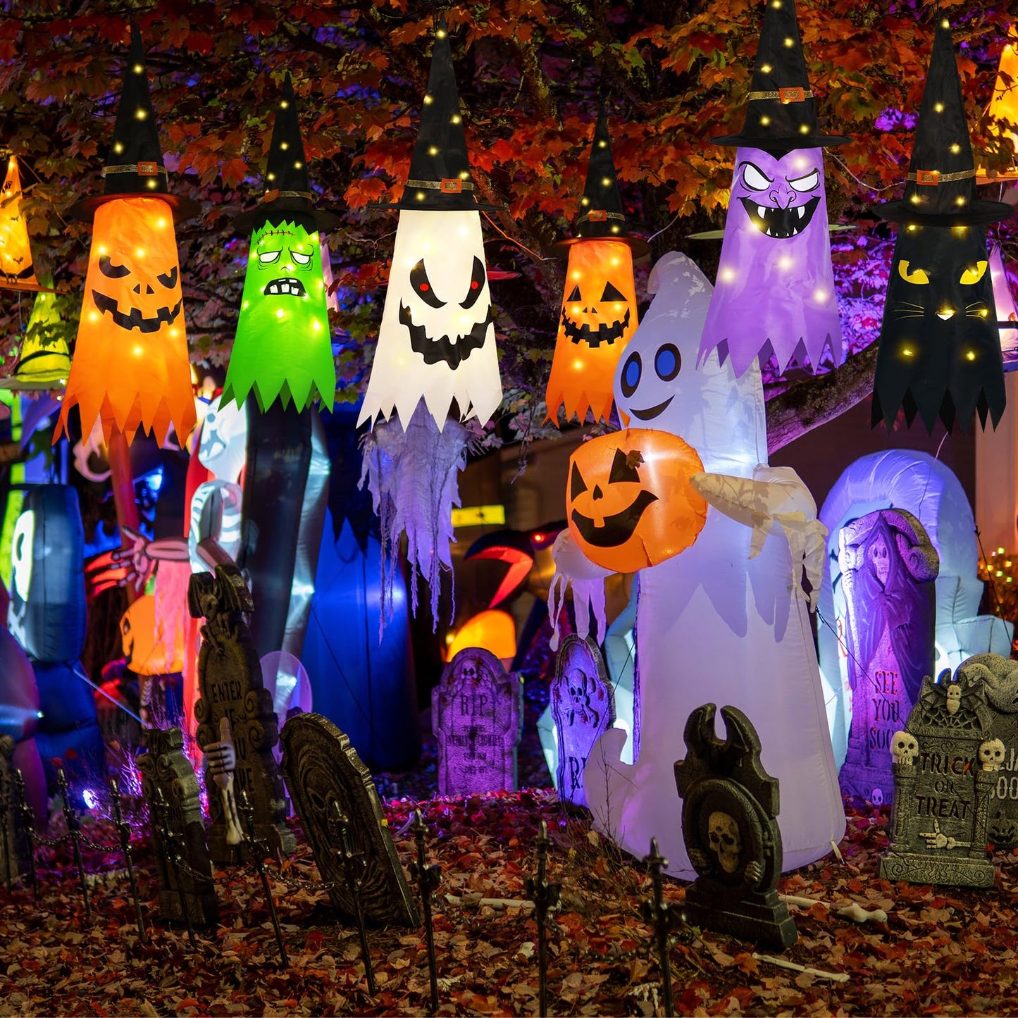 Qilery 6 PCS Hanging Witch Ghost Hats Decorations - Halloween Hanging Ghosts Decorations Outdoor - 31 Lighted Pumpkin, Cat, Mummy, Vampire, Zombie Theme for Yard Tree Porch Patio Garden Party