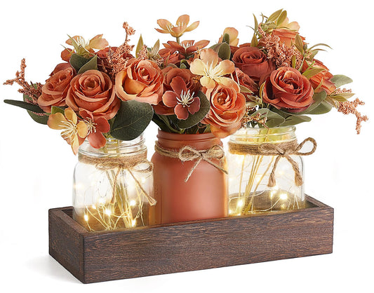 Mkono Mason Jar Lights Centerpiece Table Decor for Dining Room Farmhouse Wood Tray with 3 Jars Flowers Fall Decoration for Coffee Table Kitchen Living Room Wedding