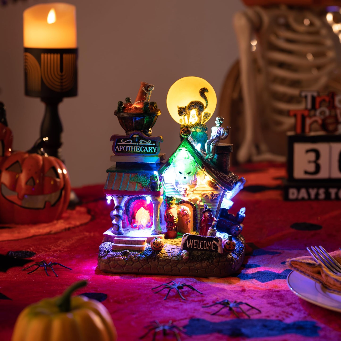 Valery Madelyn Halloween Decorations, Lighted Halloween Village Houses with Music and LED Lights, Resin Haunted House Spooky Town Scary Witch's Potion for Home and Party Table Desk Mantel, 8 Inch