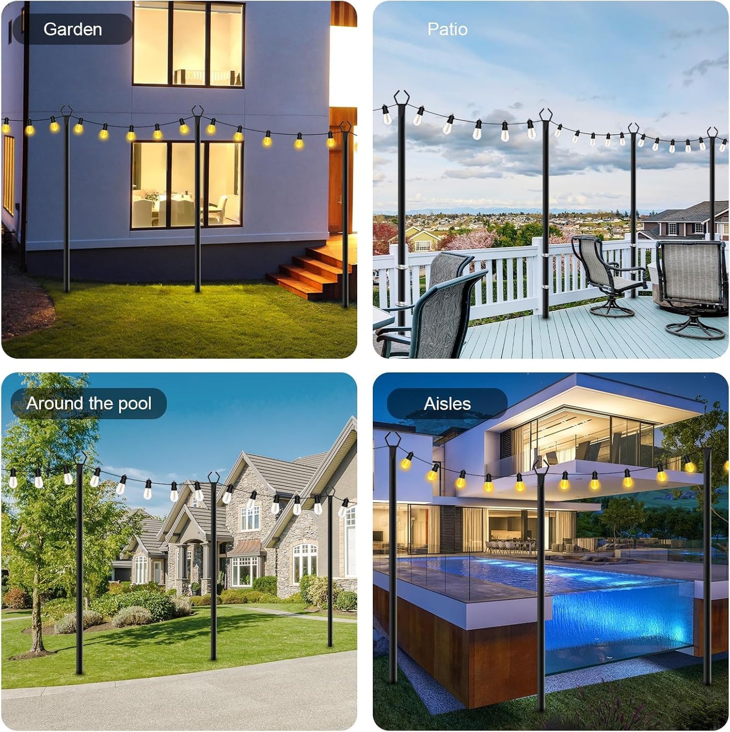 SINLEY 4 Pack String Light Poles,10 Ft Metal Poles with Fork for Outdoor String Lights,Outdoor Light Poles with Fork,Poles/Post/Stand for Outside,Patio,Deck,Backyard,Garden Wedding,Party