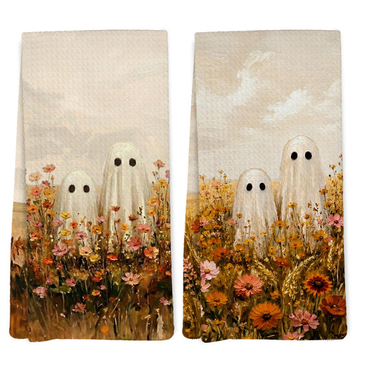 EGBTL Fall Halloween Ghost Floral Kitchen Towels, Rustic Halloween Hand Towels for Bathroom Decor, Autumn Cottagecore Wildflower Ghost Dishcloths Dish Towel for Kitchen 16x24 Inches Set of 2