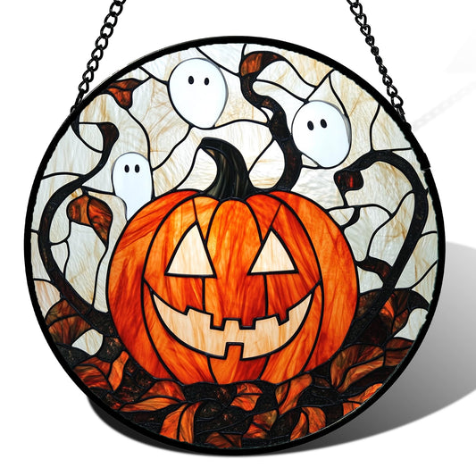 HWRHTR Stained Glass Window Hanging - Halloween Decorations Pumpkin Ghost Suncatcher for Doors Garden Indoor Spooky Funny Orange Sun Catchers Gothic Decor Horror Gifts for Women Men Friend 9.8 in