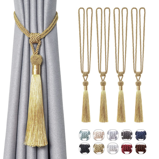 NICEEC 4 Pack Long Tassel Curtain Tiebacks Handmade Braided Rope Knot Drape Tie Backs European Style Decorative Curtain Holdbacks for Home & Office Window Drapery (Gold)
