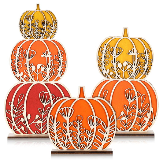 Leinuosen Thanksgiving Pumpkin Decorations Fall Wooden Tabletop Signs, Autumn Table Centerpieces Pumpkins of 3 Size Fall Tray Decor for Home Room Decor Halloween Harvest Decoration(Autumn Colors)